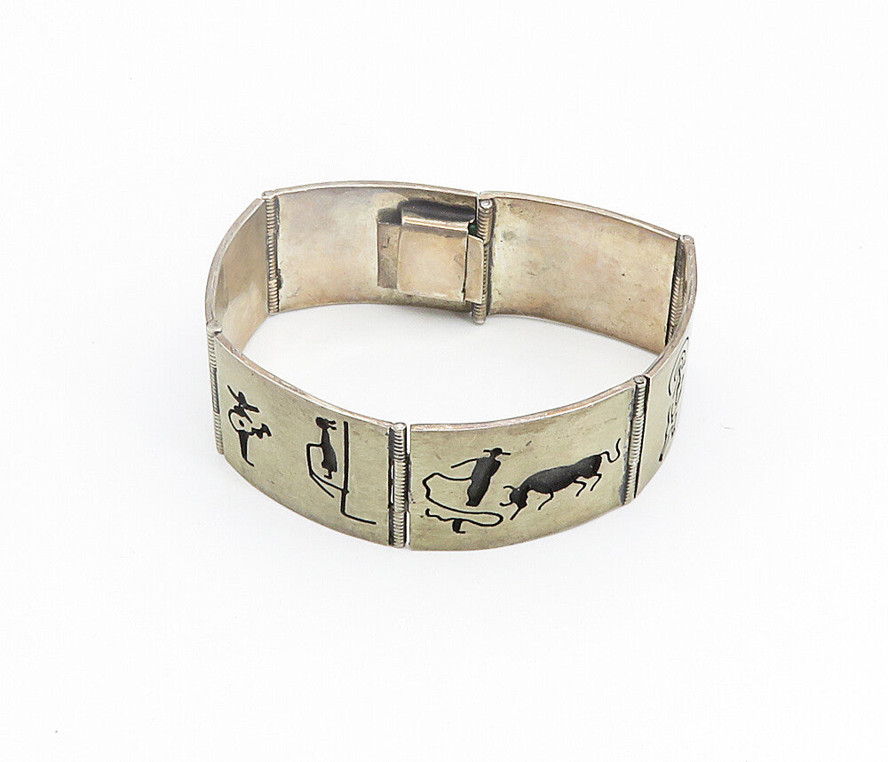 MEXICO 925 Silver  Vintage Oxidized Storyteller Panel Chain Bracelet  BT3475