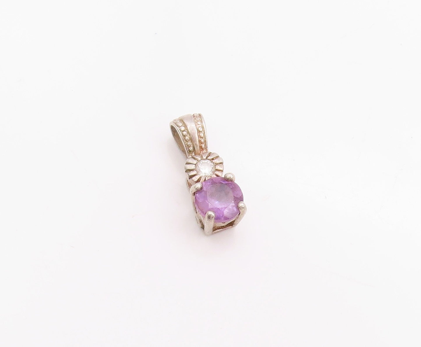 925 Sterling Silver Vintage Pendant Round Amethyst & CZ Etched Charm  PT24751