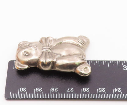 925 Sterling Silver Vintage Sitting Hollow Bear With Bow Tie Brooch Pin BP9902