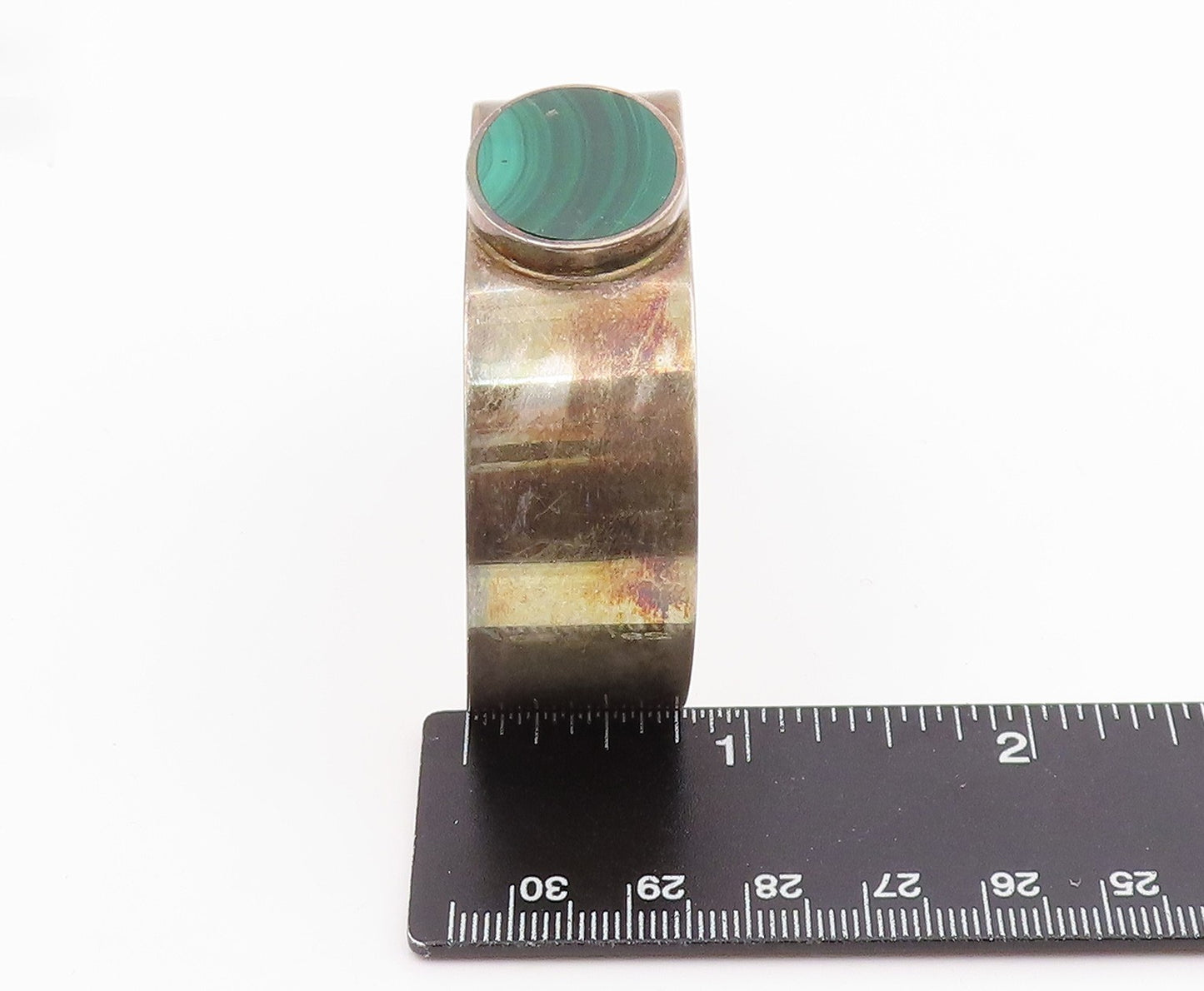 925 Sterling Silver Vintage Bracelet Modernist Cabochon Malachite Cuff  BT11971