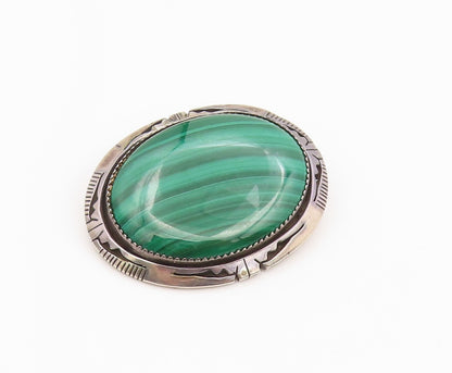 925 Sterling Silver Vintage Brooch Pin NAVAJO Oval Cabochon Malachite  BP12341