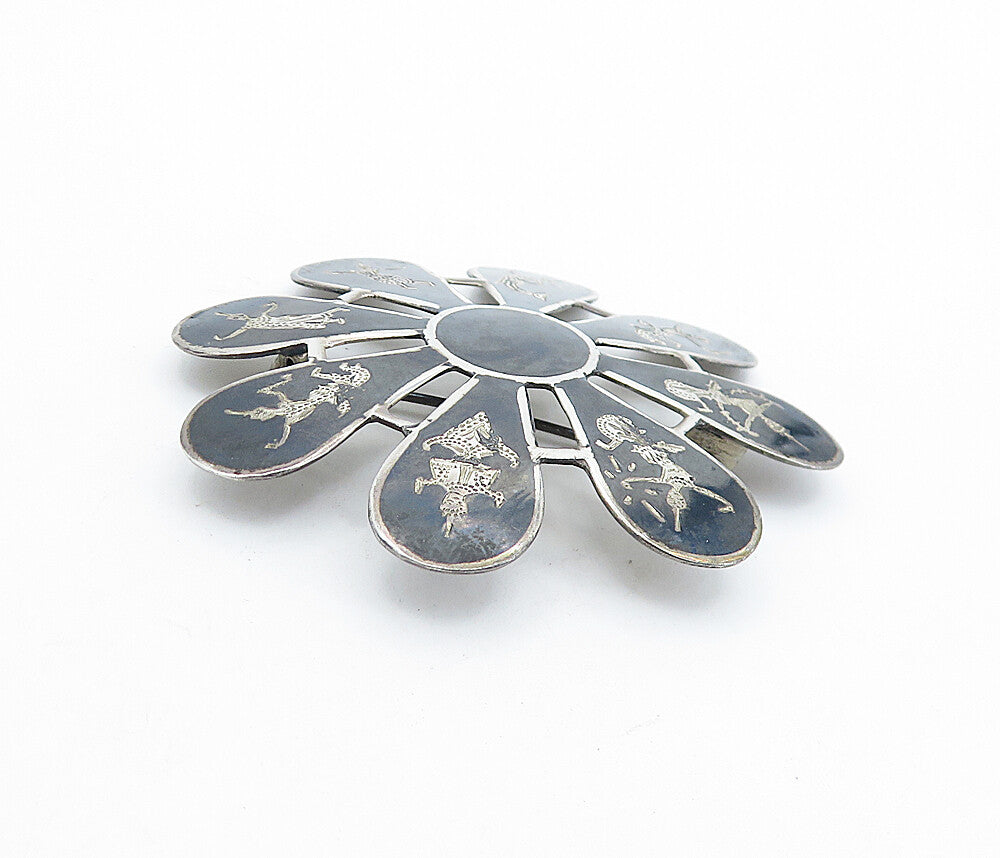 SIAM 925 Sterling Silver Vintage Niello Dancer Floral Brooch Pin BP2649