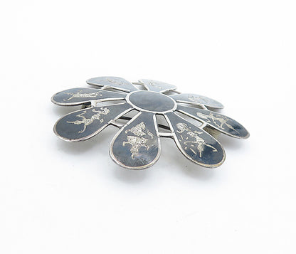 SIAM 925 Sterling Silver Vintage Niello Dancer Floral Brooch Pin BP2649