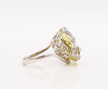 925 Sterling Silver Vintage Ring Floral Carved Amorphas Lime Quartz Sz 9 RG29865