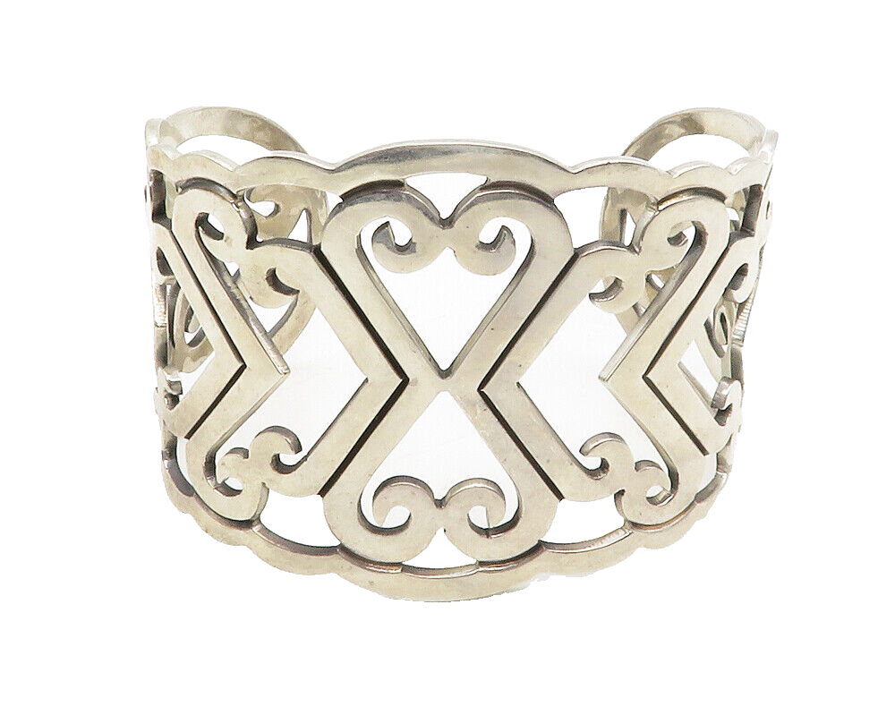 MEXICO 925 Sterling Silver  Vintage Open Love Hearts Cuff Bracelet  BT5172