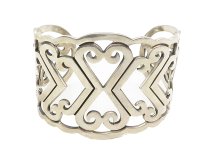 MEXICO 925 Sterling Silver  Vintage Open Love Hearts Cuff Bracelet  BT5172