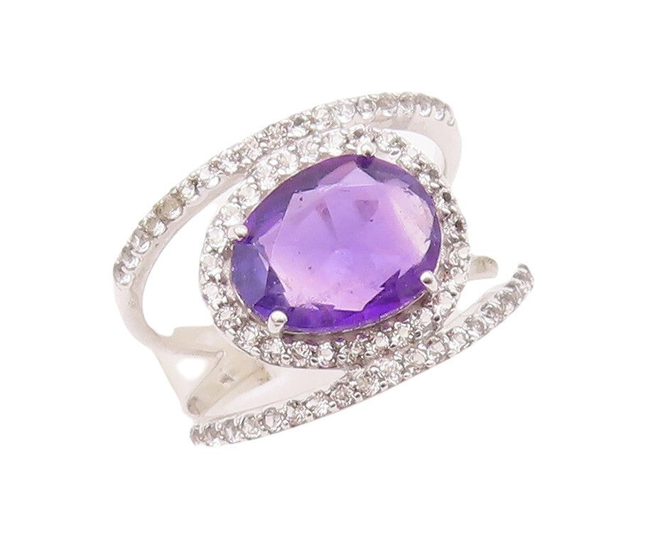 925 Sterling Silver Vintage Ring Cutout Topaz Band Oval Amethyst  Sz 7  RG29989