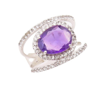 925 Sterling Silver Vintage Ring Cutout Topaz Band Oval Amethyst  Sz 7  RG29989
