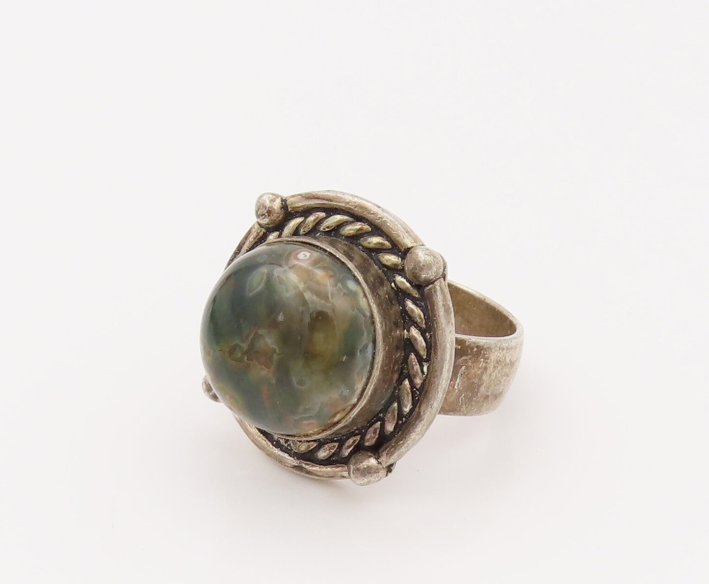 925 Silver  Vintage Green Ocean Jasper Twisted Rope Halo Ring Sz 7  RG26625