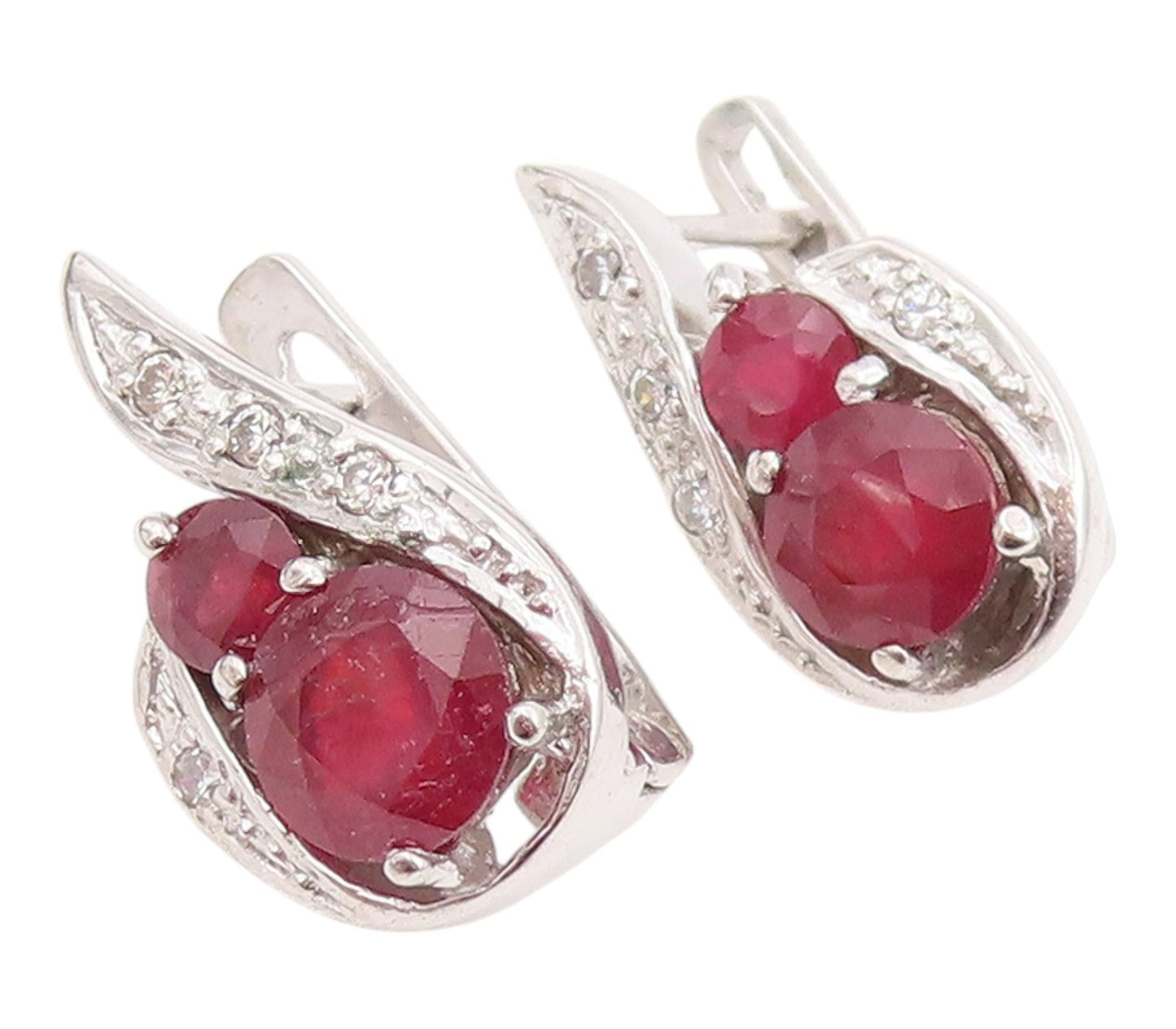 925 Sterling Silver Vintage Earrings Real Diamonds & Ruby Swirl Drop  EG14214