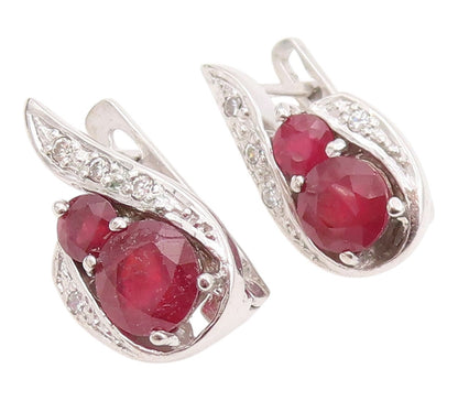925 Sterling Silver Vintage Earrings Real Diamonds & Ruby Swirl Drop  EG14214