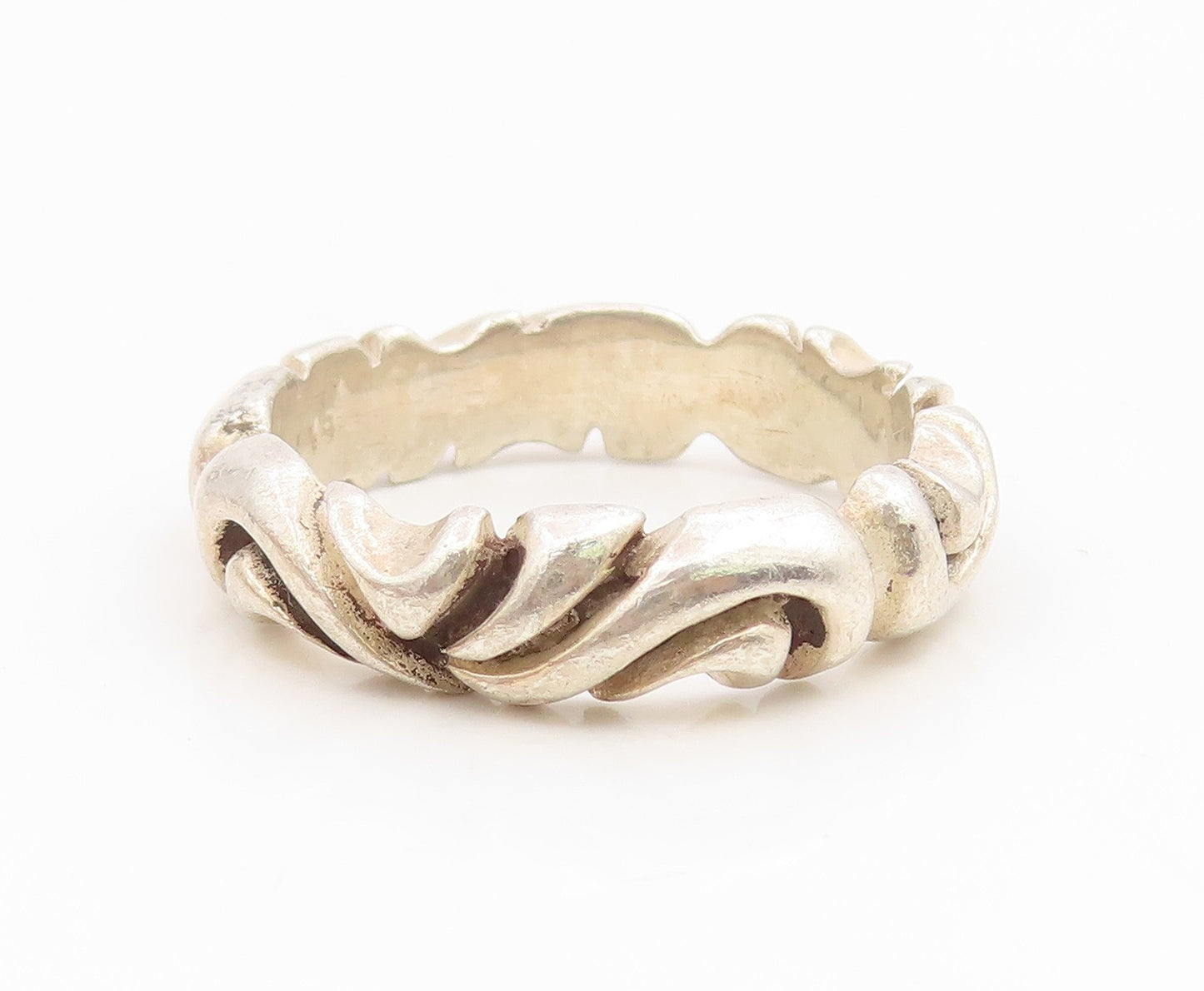 925 Sterling Silver Vintage Ring Carved Solid Wavy Scrollwork Band Sz 12 RG34952