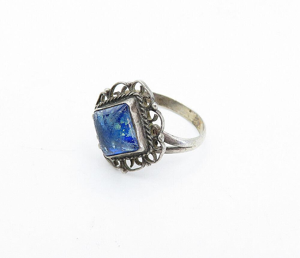 MEXICO 925 Silver  Vintage Blue Topaz Swirl Border Cocktail Ring Sz 5  RG4401