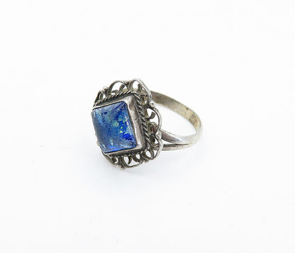 MEXICO 925 Silver  Vintage Blue Topaz Swirl Border Cocktail Ring Sz 5  RG4401