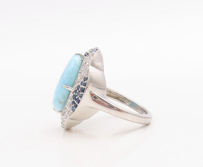 925 Sterling Silver Vintage Ring Larimar Halo Sapphire & CZ Inlay Sz 7  RG30733