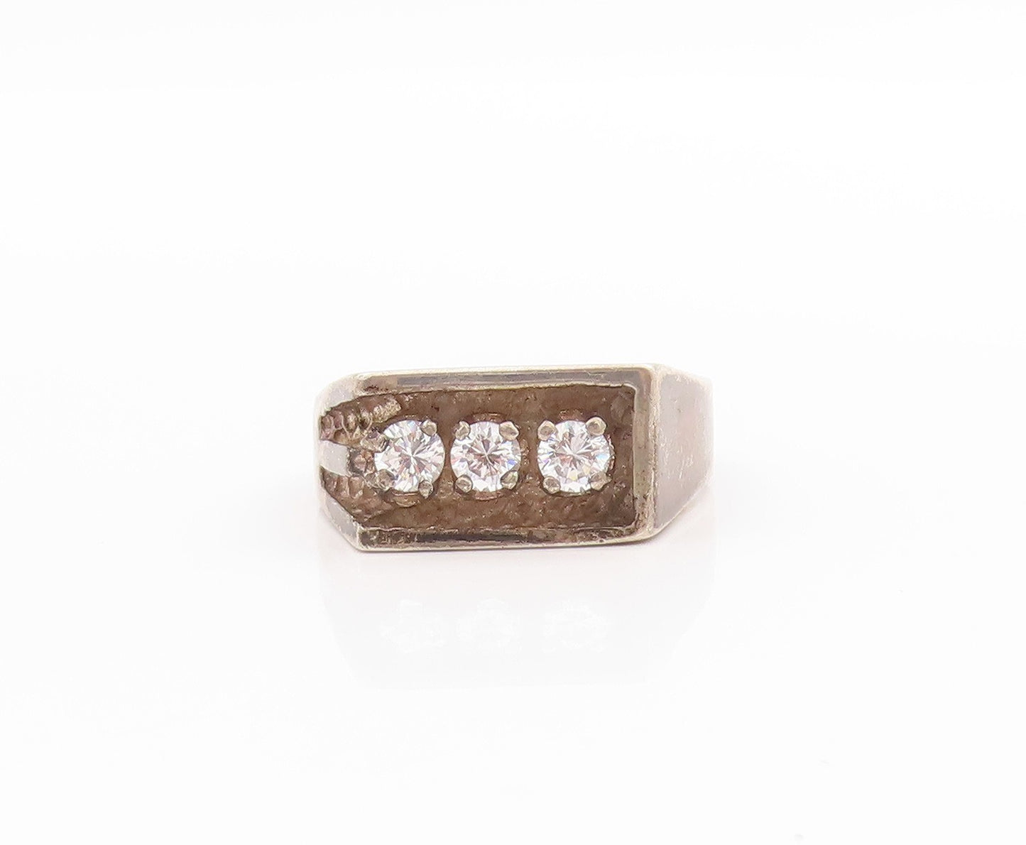 925 Sterling Silver Vintage Ring Three Stone CZ Rectangular Band  Sz 10  RG33545
