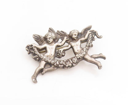 925 Sterling Silver Vintage Brooch Twin Cherub Angel Floral Wreath Pin  BP11887