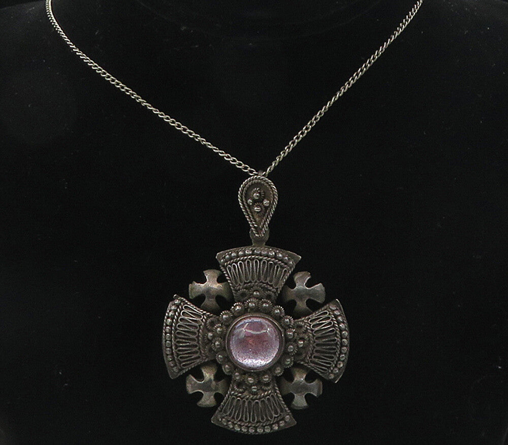 ISRAEL 925 Sterling Silver Vintage Antique Gemstone Cross Chain Necklace  NE1973