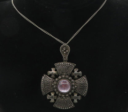 ISRAEL 925 Sterling Silver Vintage Antique Gemstone Cross Chain Necklace  NE1973