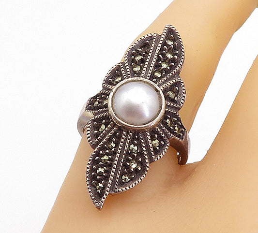 JUDITH JACK 925 Silver  Vintage Pearl & Marcasite Cocktail Ring Sz 8  RG5323