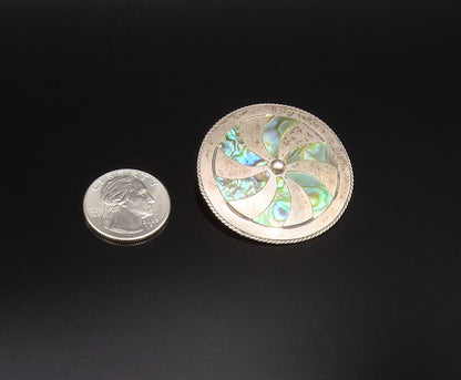 TAXCO 925 Silver  Vintage Twisted Rope Edge Abalone Fidget Brooch Pin  BP9889