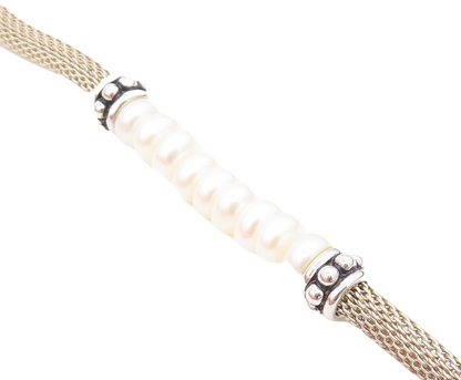 925 Sterling Silver   Vintage Button Pearls Beaded Mesh Chain Bracelet  BT3225