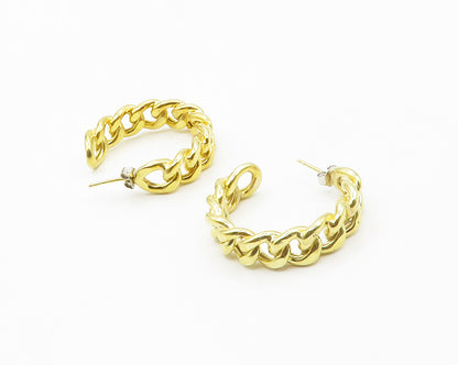 925 Sterling Silver  Shiny Gold Plated Chain Link JHoop Earrings  EG7437