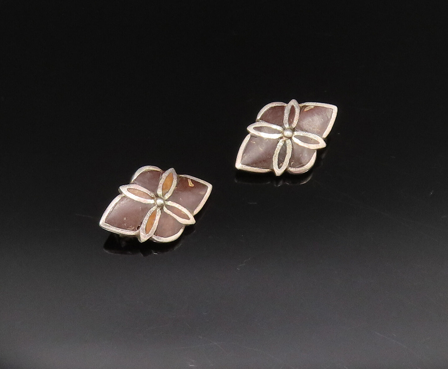 925 Sterling Silver  Vintage Inlaid Tiger's Eye Non Pierced Earrings  EG12004
