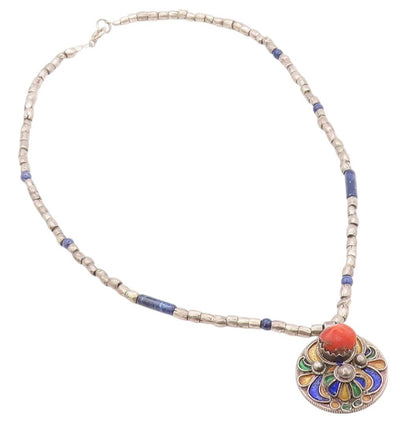 925 Sterling Silver Vintage Necklace French Coin Carnelian Enameled  NE4563