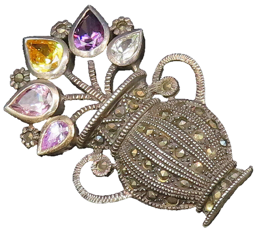 925 Silver  Vintage Multi Color Topaz & Gemstones Floral Brooch Pin  BP9972