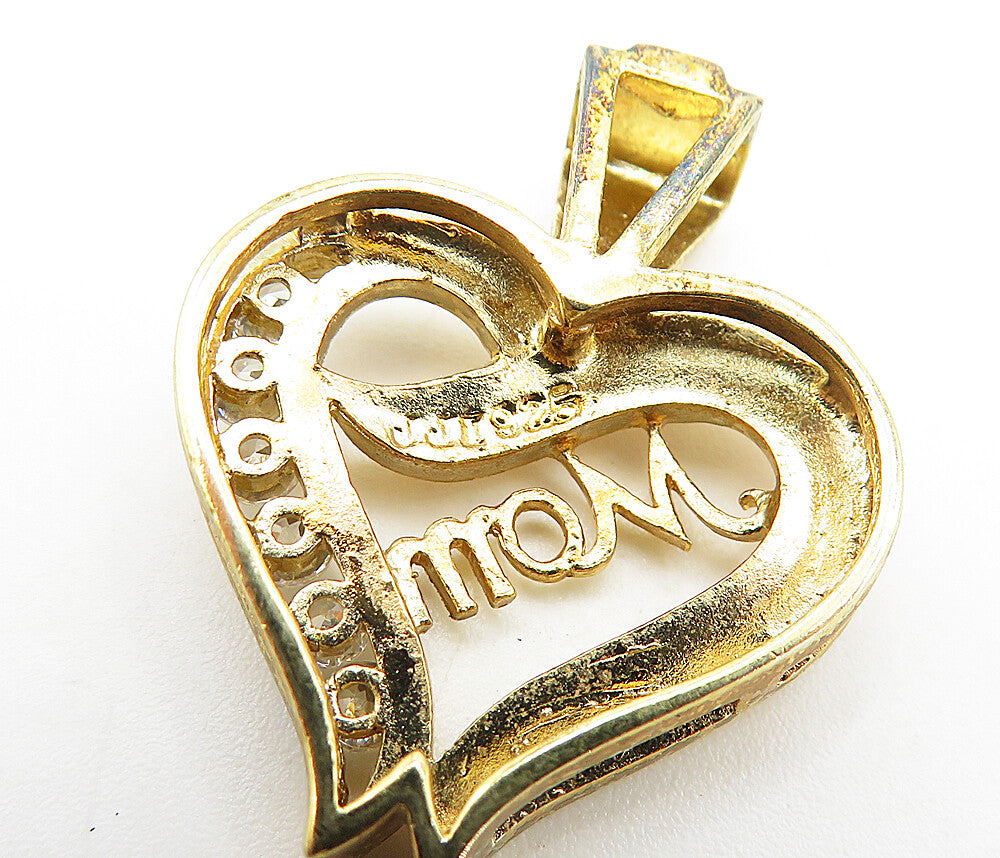 925 Sterling Silver  Cubic Zirconia Gold Plated Mom Love Heart Pendant  PT3055