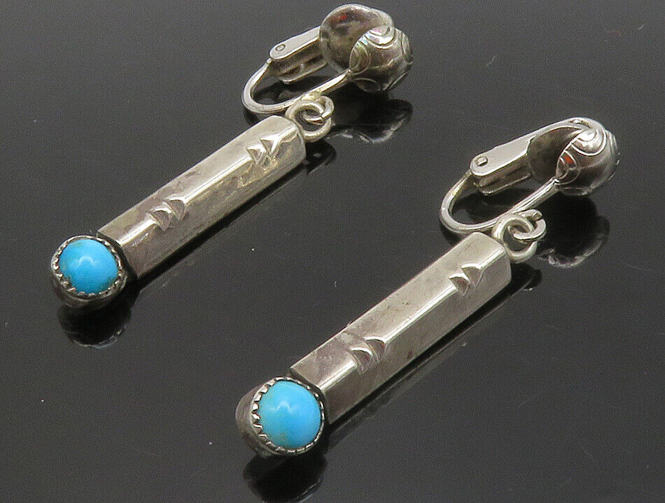 NAVAJO 925 Silver  Vintage Petite Turquoise Non Pierce Drop Earrings  EG6581