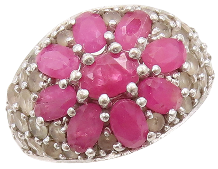 925 Sterling Silver Vintage Ring Designer Ruby & Topaz Flower  Sz 7  RG31663