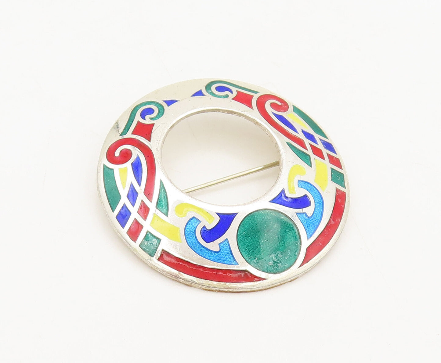 925 Sterling Silver Vintage Brooch Pin EUROPE Swirly Carved Enameled  BP10599
