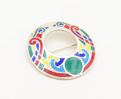 925 Sterling Silver Vintage Brooch Pin EUROPE Swirly Carved Enameled  BP10599