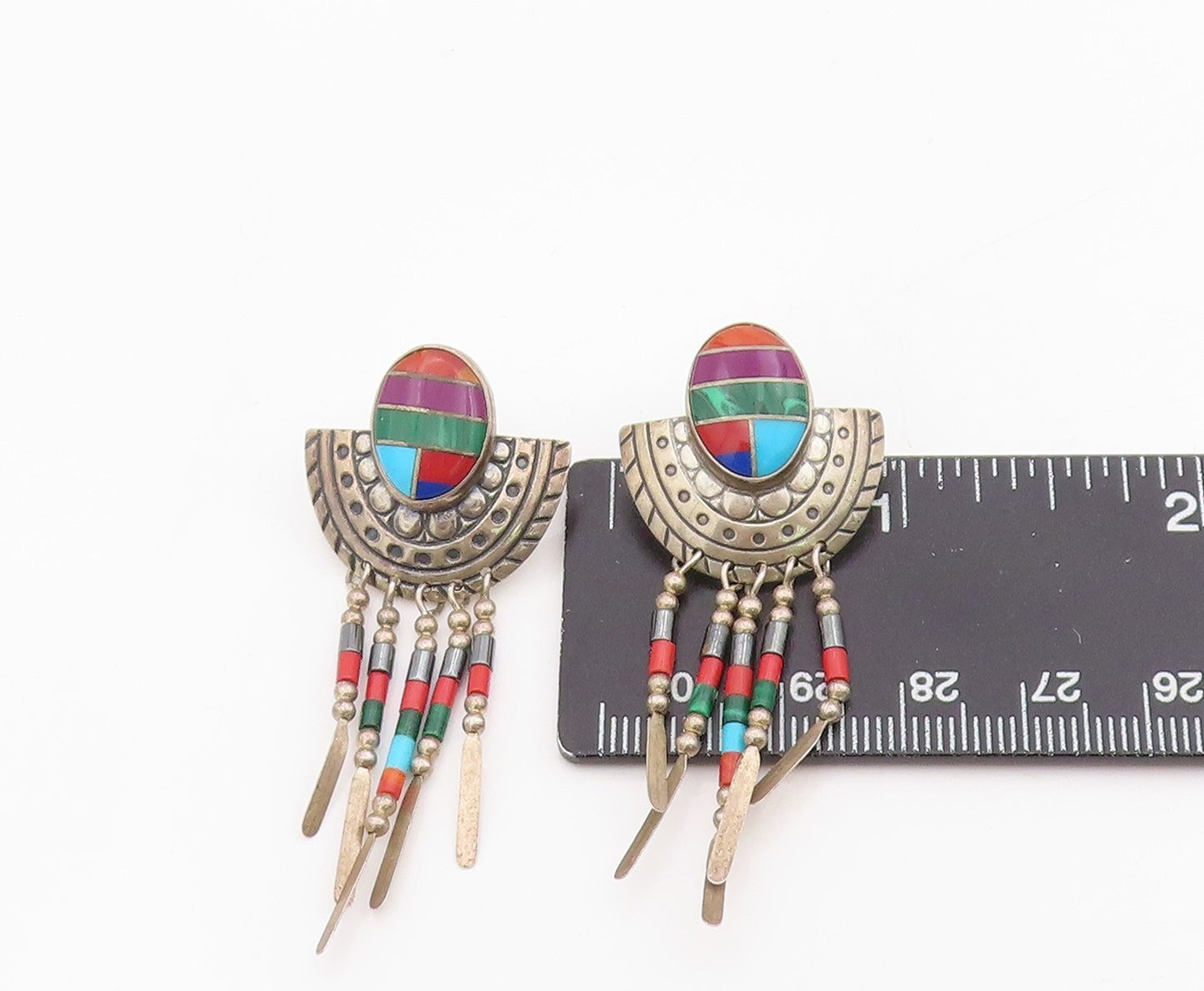 925 Sterling Silver Vintage Earrings NAVAJO Multi Gemstone Inlay Dangle  EG13816