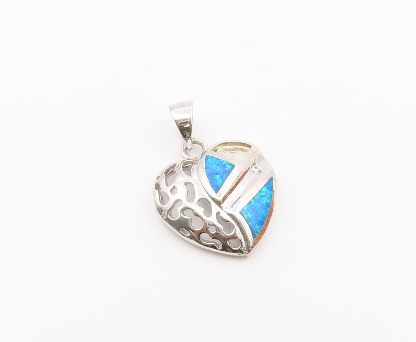 925 Sterling Silver  Vintage Inlaid Blue Fire Opal Love Heart Pendant  PT16276