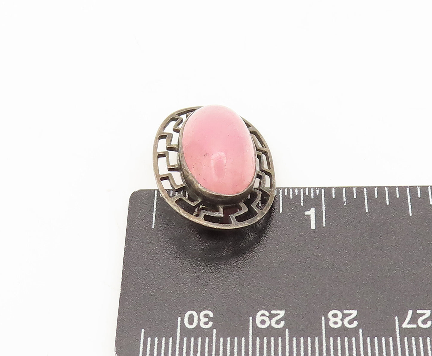 925 Sterling Silver Vintage Brooch Pin Oval Pink Quartz Halo Caved Maze  BP10626