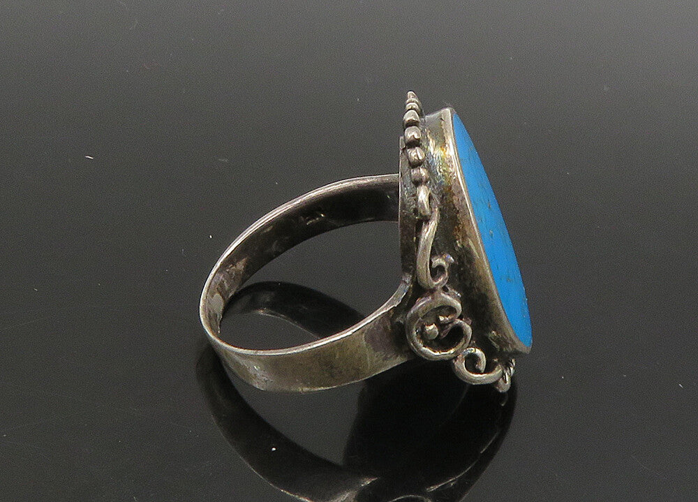 925 Silver  Vintage Turquoise Pretzel Swirl Detail Cocktail Ring Sz 7  RG23581