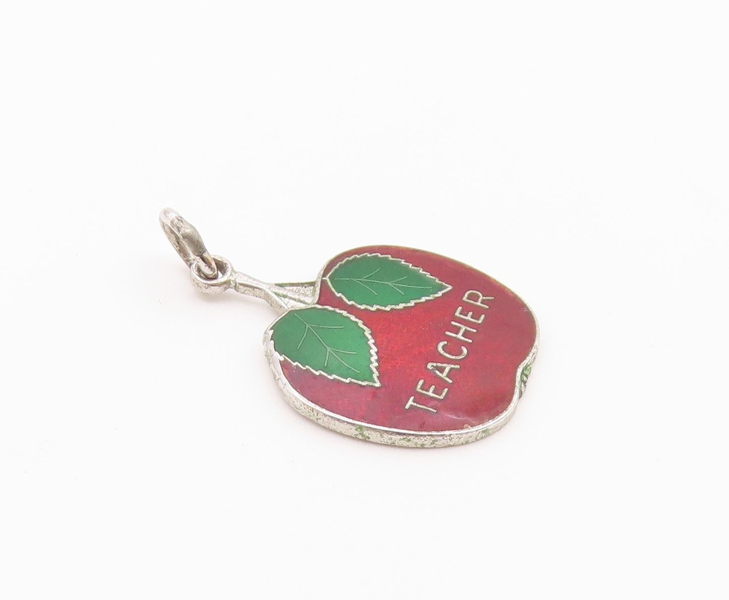 925 Sterling Silver  Vintage Enamel Teacher Apple Drop Pendant  PT16399