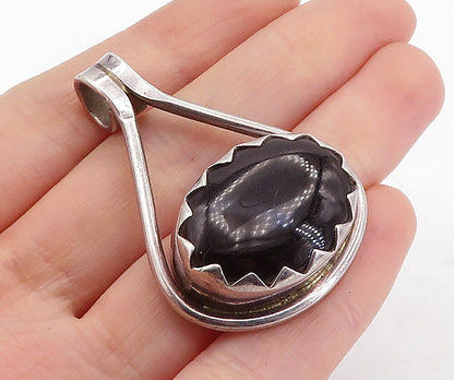MEXICO 925 Silver  Vintage Cabochon Cut Black Onyx Serrated Pendant  PT4166