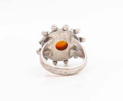 925 Sterling Silver Vintage Ring Round Cabochon Amber Floral Band  Sz 7  RG33799