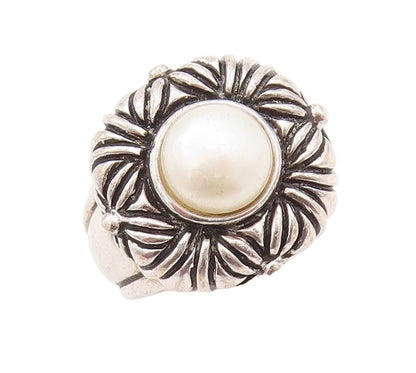 925 Sterling Silver Vintage Ring Floral Design Etched Pearl  Sz 8  RG31431