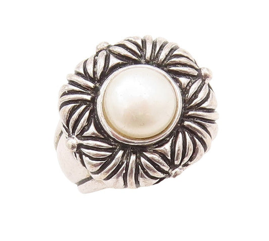 925 Sterling Silver Vintage Ring Floral Design Etched Pearl  Sz 8  RG31431