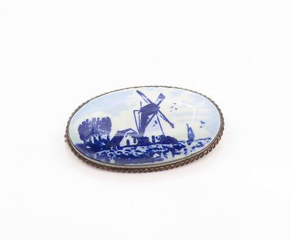925 Sterling Silver Vintage Brooch Delft Windmill Ceramic Scenery  BP11782