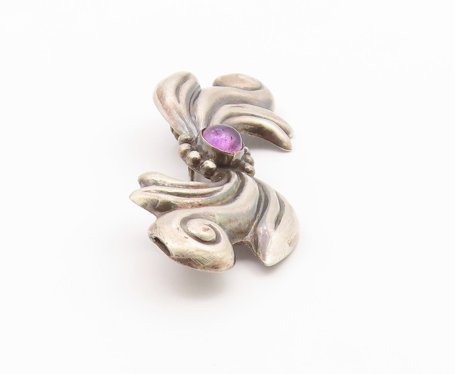 925 Sterling Silver  Vintage Cabochon Amethyst Swirl Bow Brooch Pin  BP8127