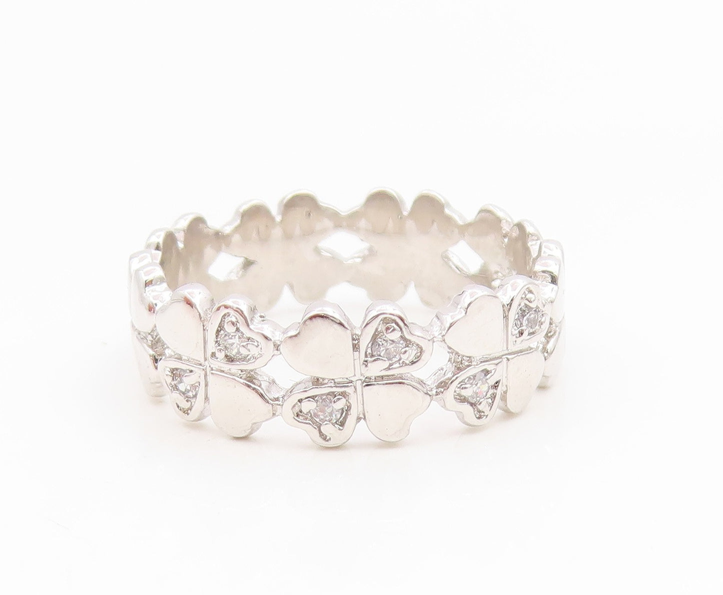 925 Sterling Silver Vintage Ring Modernist Lucky Clover Link Band  Sz 8  RG35165