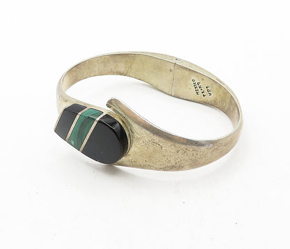 MEXICO 925 Silver  Vintage Black Onyx & Malachite Bangle Bracelet  BT1691