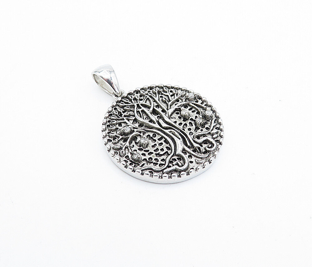 925 Sterling Silver Vintage Genuine Diamonds Tree Of Life Pendant PT2712
