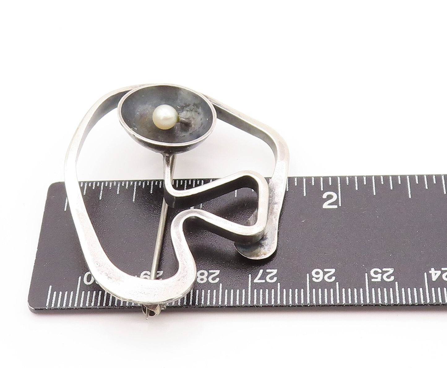 925 Sterling Silver Vintage Brooch Pearl Dark Tone Brutalist Design Cut  BP11512